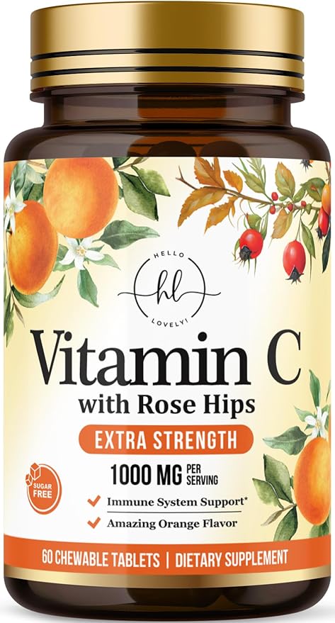 Vitamin C 1000mg Per Serving - Extra Strength with Rose Hips Bioflavonoids - Sugar Free Vitamin C Chewable Pills, Vit C Supplement for Immune Support & Antioxidant, USA Bottled - 60 Chewable Tablets