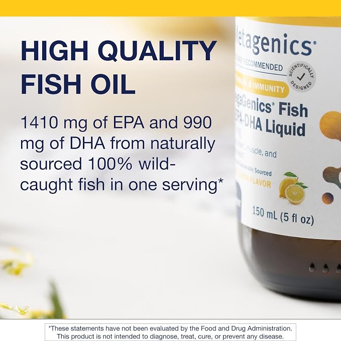 Metagenics OmegaGenics EPA-DHA 2400 mg - High Potency Liquid Fish Oil Supplement for Heart Health & Immune Support* - Sustainably Sourced - Lemon Flavor - Non-GMO & Gluten-Free - 30 Servings