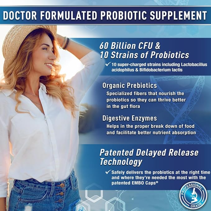 Purely Optimal Probiotics for Digestive Health, 60 Billion CFU – Delayed-Release with Digestive Enzymes & Organic Prebiotics – Bloating, Immune & Energy Support, 30 Caps