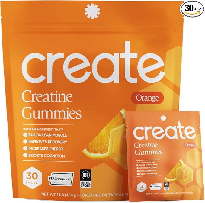 Create Creatine Gummies – Single-Serve Packs – 30ct – Orange | NSF Certified for Sport – Made with Creatine Monohydrate, Vegan & Gluten-Free, Anti-Melting Formula, 3 Gummies per Pack