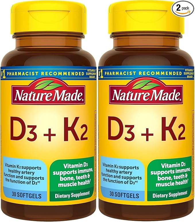 Nature Made Vitamin D3 K2, 5000 IU (125 mcg) Vitamin D, Dietary Supplement for Bone, Teeth, Muscle and Immune Health Support, 30 Softgels, 30 Day Supply - Pack of 2