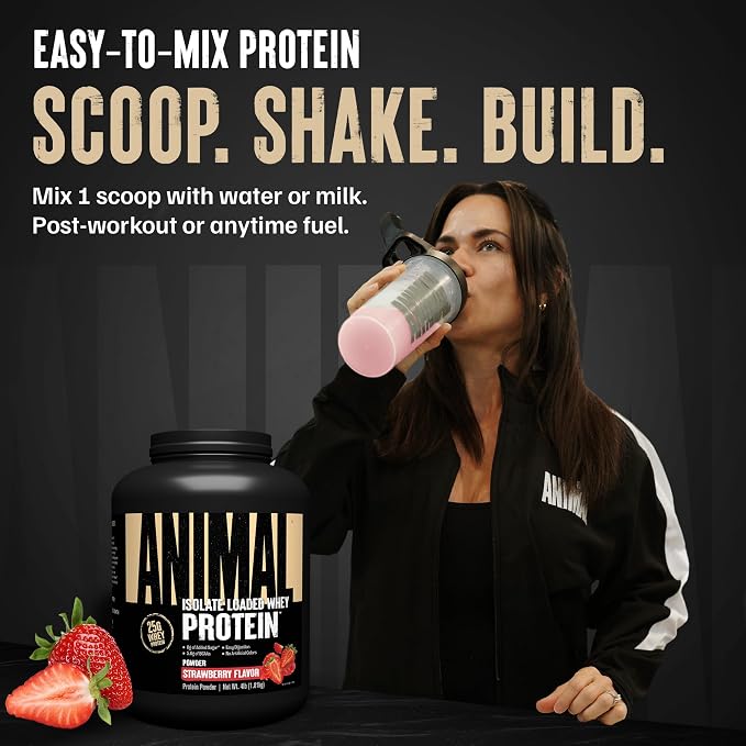 Animal Whey Isolate Protein Powder - Loaded for Pre & Post Workout Muscle Builder and Recovery with Digestive Enzymes for Men & Women - 25g Protein, Great Taste, Low Sugar - Strawberry 4 lbs