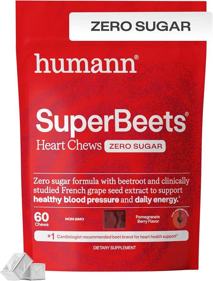 Humann SuperBeets Heart Chews Zero Sugar, Beet Root Supplement, Energy, Nitric Oxide and Blood Pressure Support, Grape Seed Extract & Non-GMO, Heart Health, Pomegranate Berry Flavor, 60 Count