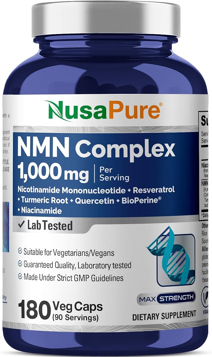 NusaPure NMN Complex 1,000 mg per Serving with Resveratrol, Turmeric Root, Quercetin & BioPerine, 180 Vegan Capsules (90 Servings) – Non-GMO, Vegan, Lab Tested, Made in cGMP Facility
