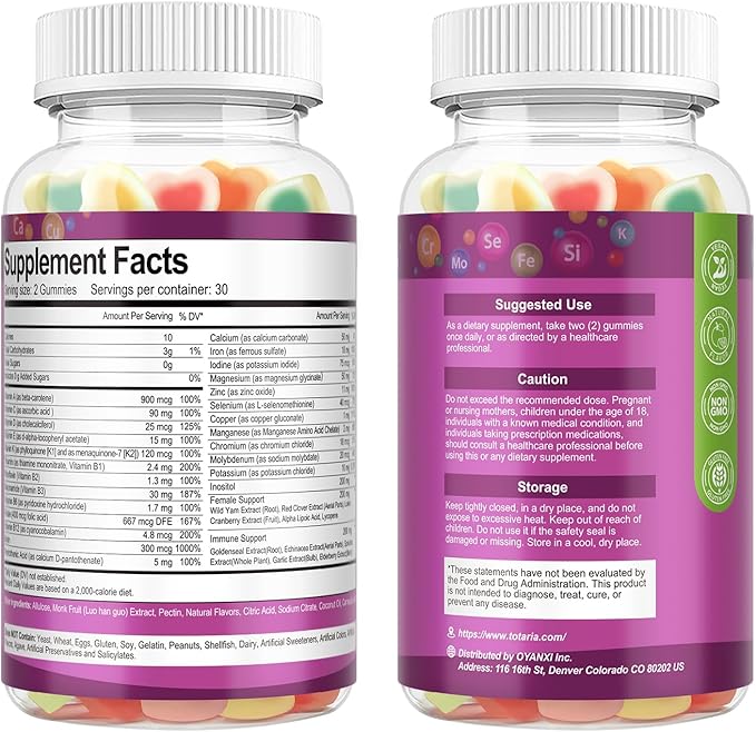 (2 Pcs) Totaria Sugar Free Multivitamin Gummies for Women 14+ w/Iron, Inositol, Folate, Biotin, Womens Daily Multivitamin Gummy w/Vitamin A, C, B, D3, K2, for Hair, Skin, Energy, Immune, Mixed Flavors