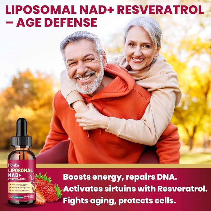 Liposomal NAD Supplement - 1200mg NAD+ Liquid Drops for Women & Men with Resveratrol, Black Pepper Extract - Support Anti-Aging, Brain & Cellular Mitochondrial Health - 2 Fl Oz, Strawberry Flavor