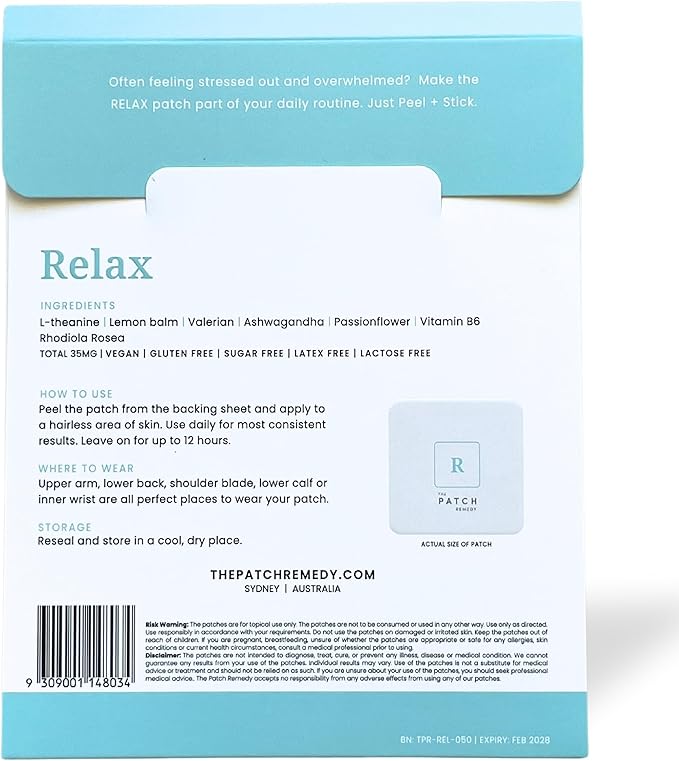 The Patch Remedy Relax Patch | L-Theanine, Lemon Balm, Valerian, Ashwagandha, Passionflower | 30 Patches