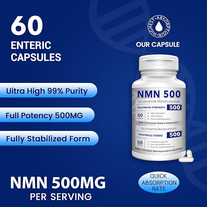 NMN 500mg Per Serving Maximum Strength - 99% Pure NMN (Nicotinamide Mononucleotide) for NAD, Cell, Immune, Energy, Anti-Aging & Longevity, Stabilized NMN Supplements 500mg - 60 Veggie Capsules