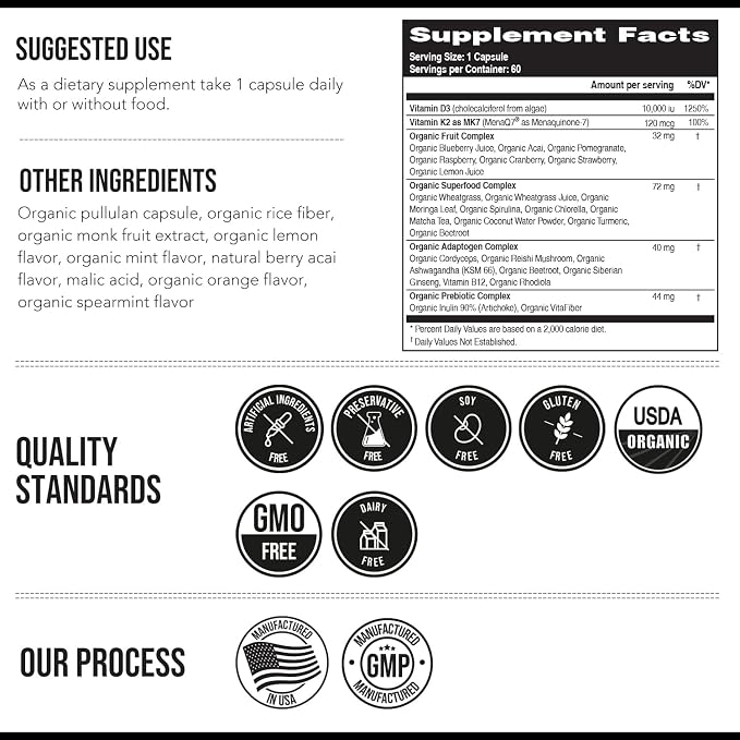 Organic Plant D3 + K2 | 10000 IU D3 + 120 mcg K2 as All-Trans MK7 from MenaQ7® - 100% Whole Food, Raw & Vegan | Enhanced Digestion with Prebiotic & Superfood Complex – D3 from Organic Algae (60 Count)