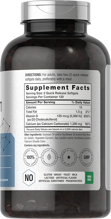 Horbäach Calcium 1200 mg with Vitamin D3 | 240 Softgels | 5000 IU Vitamin D3 | Absorbable Calcium Supplement for Women and Men | Non-GMO, Gluten Free