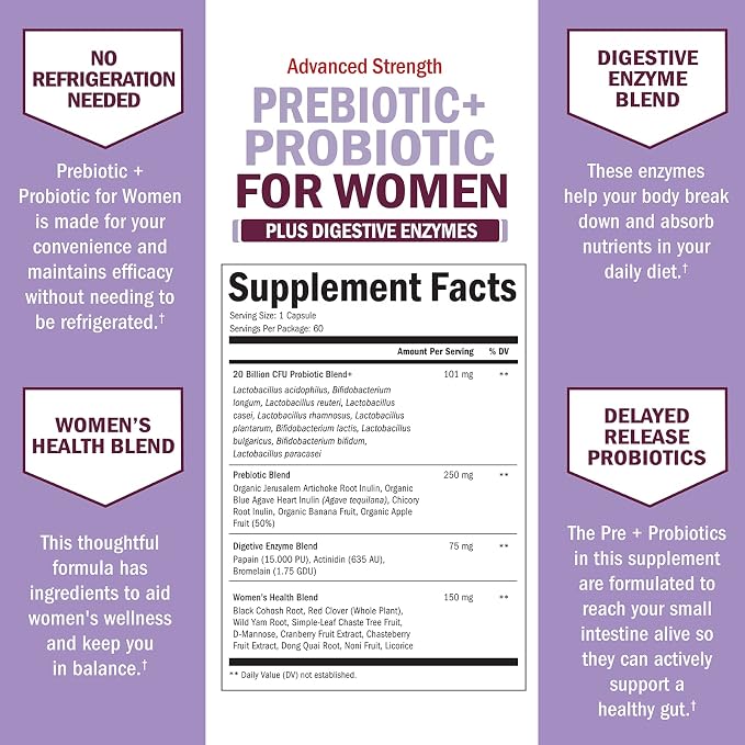Prebiotics and Probiotics for Women - with Black Cohosh and Red Clover for Gut, Vaginal and Immune Health Support, Whole Food Digestive Enzymes Capsules, Lactobacillus Probiotic Supplement, 60 Count