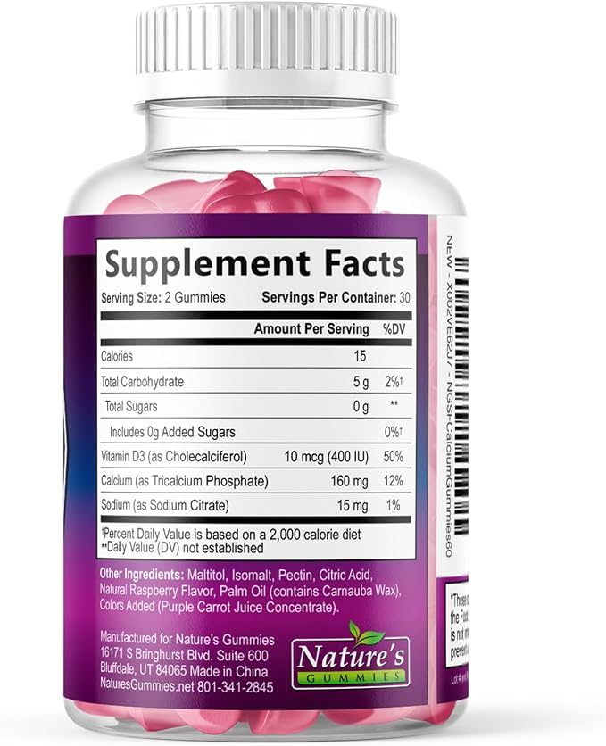 Calcium Supplement Gummies - Sugar Free Calcium Gummy with Vitamin D3 for Best Absorption - Supports Immune Health, Bones & Teeth - Nature's Calcium Chews for Women & Men - Berry Flavor - 60 Gummies