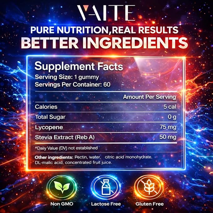 VAITE Lycopene Supplements for Men & Women 75mg Gummies - Antioxidant | General Wellness | Supports Skin & Vision | Daily Vitality | Plant-Based, Sugar-Free, 60 Vegan Gummy Chews, Non-GMO, Chewables