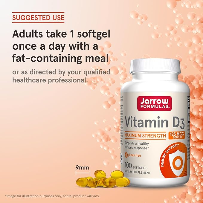 Jarrow Formulas Vitamin D3 125 mcg (5000 IU) - 100 Servings (Softgels) - Bone Health, Immune Support & Calcium Metabolism Support - Vitamin D Supplement - D3 Vitamins - 5000 IU Vitamin D - Gluten Free