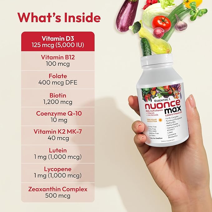 ANDREW LESSMAN Essential-1 nuonce max Multivitamin 5000 IU Vitamin D3 180 Small Capsules. 100 mcg Methyl B12. CoQ10 Lutein Lycopene Zeaxanthin. High Potency. No Additives. Ultra-Mild One Daily Capsule