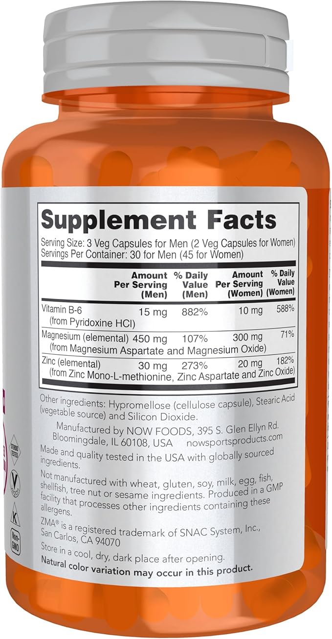 NOW Foods Sports Nutrition, ZMA (Zinc, Magnesium and Vitamin B-6), Enhanced Absorption, Sports Recovery*, 90 Capsules