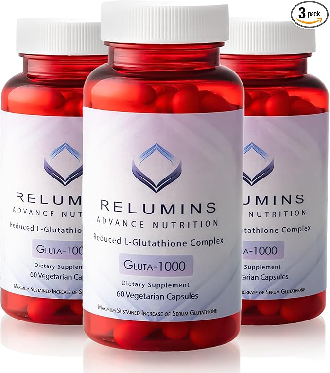 Relumins L-Glutathione Supplement Complex – Spring Glow Essential - World’s Most Advanced Reduced Glutathione 1000mg with Alpha Lipoic Acid for Smoother & Brighter Skin, Made in USA – 60 Caps x 3 Bots