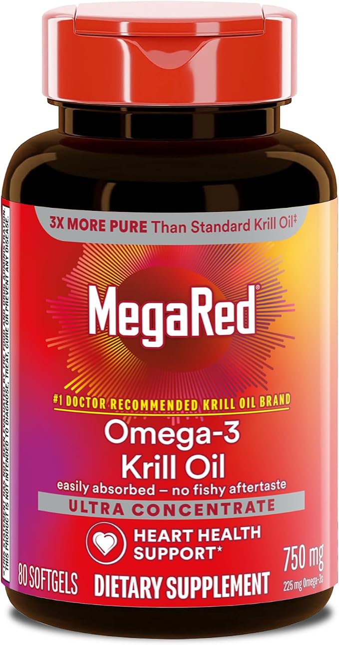 MegaRed Antarctic Krill Oil 750mg, Omega 3 Fatty Acid Supplement, Ultra Concentrate EPA & DHA Softgels, Antioxidant Astaxanthin, Heart Health Supplement with No Fish Oil Aftertaste, 80ct