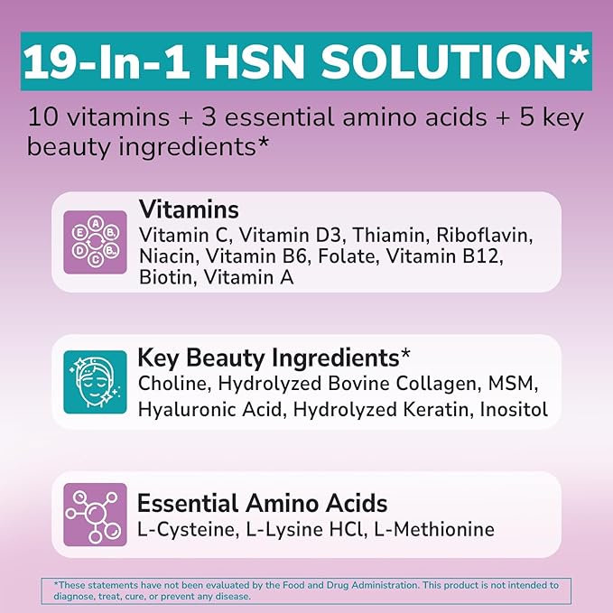 Biotin 10000mcg, Vitamin B7, Hydrolyzed Keratin, Hyaluronic Acid, Collagen, Amino Acids, MSM, Vitamins A, C, D3, B Complex, Hair, Nail, Skin, for Women & Men, 60 Caps