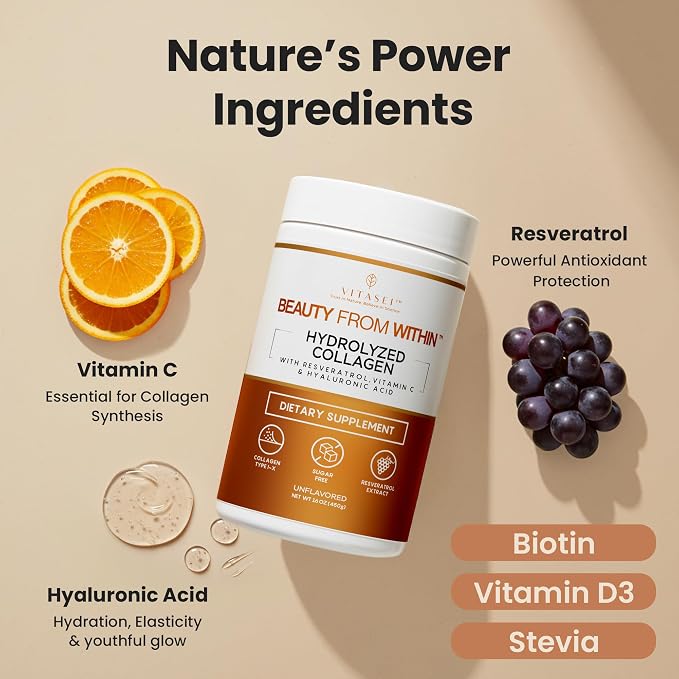 VITASEI Hydrolyzed Collagen Peptides Powder with Resveratrol & Vitamin C – Hair, Skin & Joint Support with Hyaluronic Acid – Colágeno Hidrolizado for Women & Men – Unflavored, 16 oz (30 Servings)