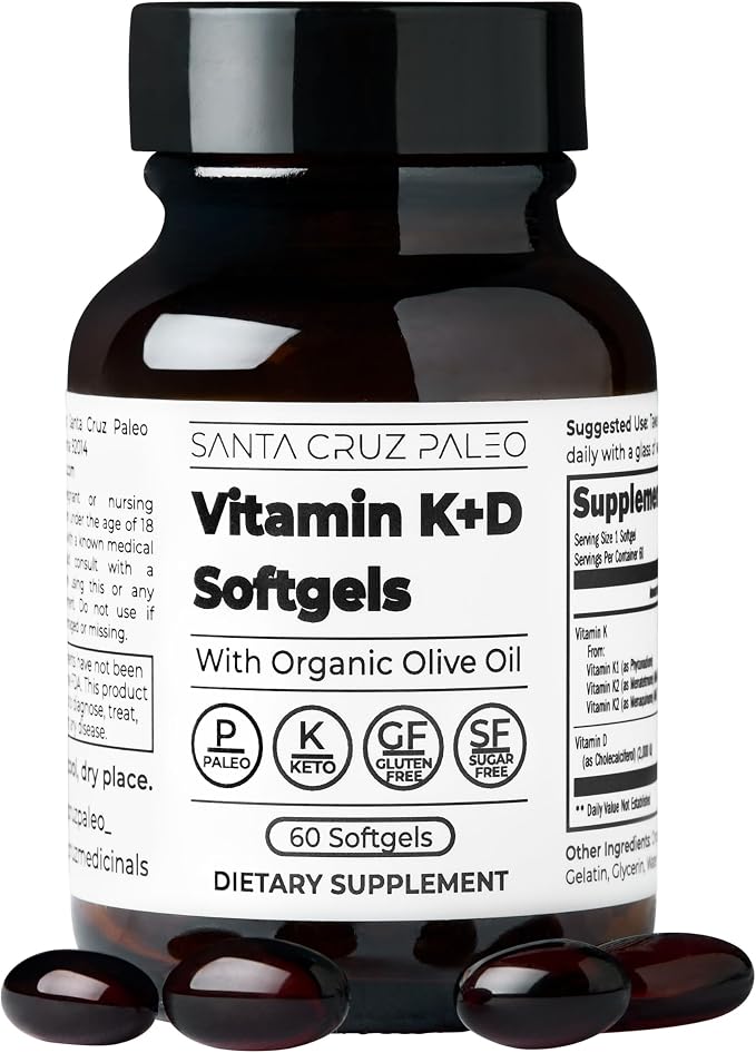 Santa Cruz Paleo Vitamin K2 + D3 Softgels, Daily Supplement with Organic Olive Oil, Includes Vitamin K1 & Two Forms of K2, Supports Heart & Bone Health, Gluten Free, Sugar Free, Paleo, Keto, 60 Count
