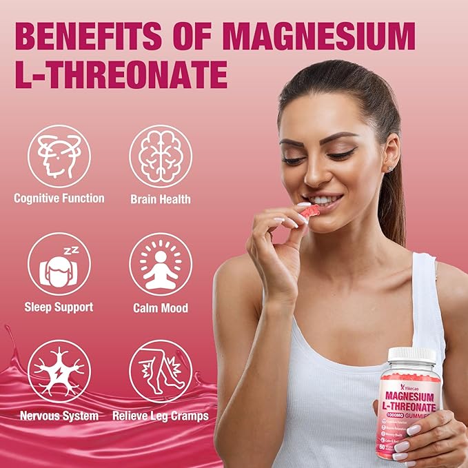 2 Pack Magnesium L-Threonate Gummies 1000mg, Sugar-Free Magnesium Threonate Supplement for Kids & Adults, Nervous & Muscle System Support, Non-GMO, Raspberry Flavor, 120 Count