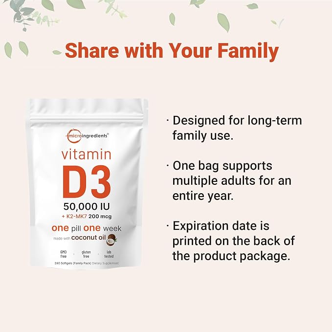 Micro Ingredients Vitamin D3 50,000 IU + K2 MK-7 200 mcg, 240 Softgels | Virgin Coconut Oil | 2-in-1 Support | Easy to Swallow, Non-GMO