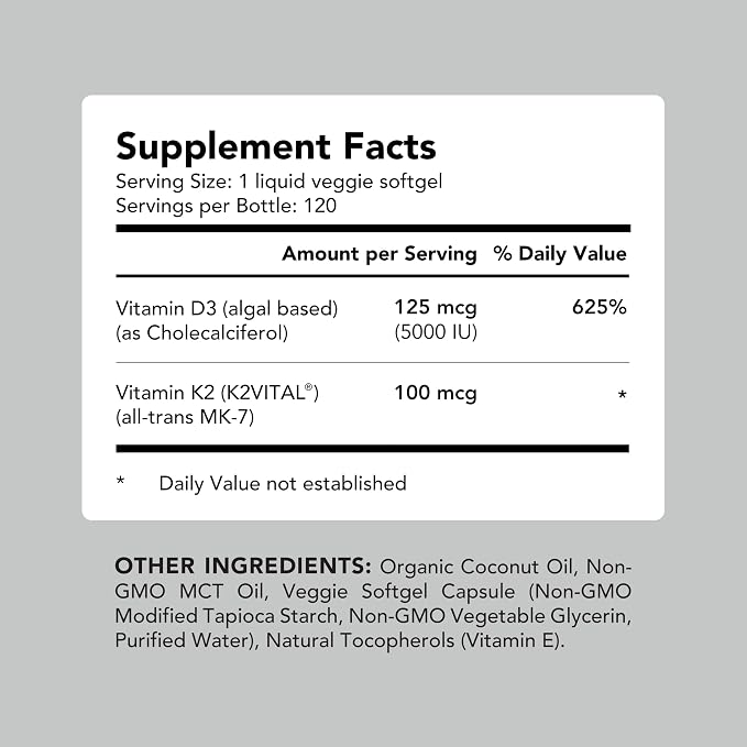 AMANDEAN Vitamin D3 K2. Vegan & Plant-Based 5000iu VIT D from Algae. All-Trans MK-7 K2Vital. 120 Softgels. Carrageenan Free. Organic Coconut Oil Blend. for Mood, Bones, Heart, Immune Health.