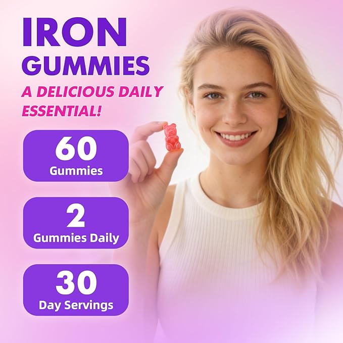 softbear Iron Gummies for Women & Men & Kids, Chewable Iron Supplements with Vitamin C,B3,B5,B6,B12 Supports Immune System, Energy & Vitality, Sugar-Free/Vegan, Strawberry Flavor 60 Count