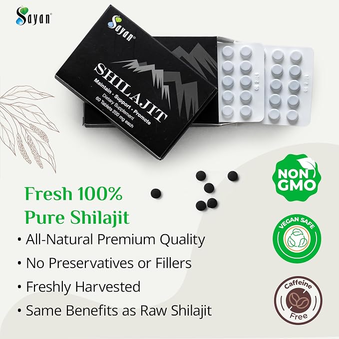 Sayan 100% Pure Shilajit Tablets, High-Potency Supplement, More Effective Than Resin & Capsules, 85+ Trace Minerals Sourced from 10,000 ft Lab-Tested. 60 Tablets 200 mg per Tablet 1-2 Month Supply
