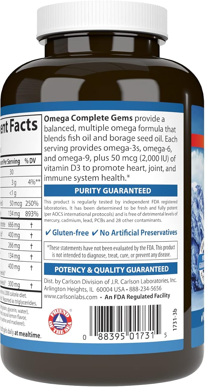 Carlson - Omega Complete Gems, Omega-3-6-9, Wild Caught, Sustainably Sourced, Heart Health, Joint Function & Immune Support, 90 Softgels