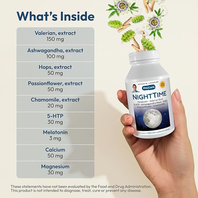 ANDREW LESSMAN Night Time 30 Capsules - 3mg Melatonin, Valerian, Ashwagandha, Passionflower, Hops, Chamomile. No Morning Grogginess. Natural Support, Gentle Restful Sleep. Easy to Swallow Capsules