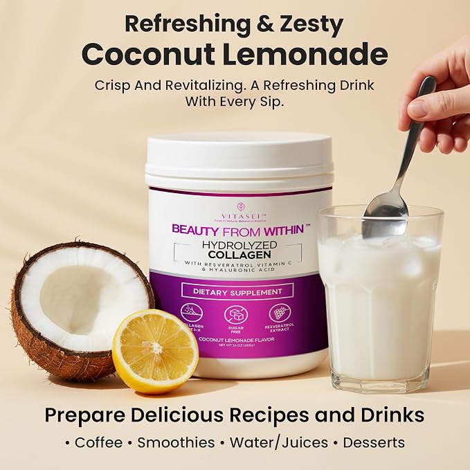 VITASEI Hydrolyzed Collagen Peptides Powder with Resveratrol & Vitamin C – Hair, Skin & Joint Support – Colágeno Hidrolizado for Women & Men – Refreshing Coconut Lemonade Flavor, 16 oz (30 Servings)