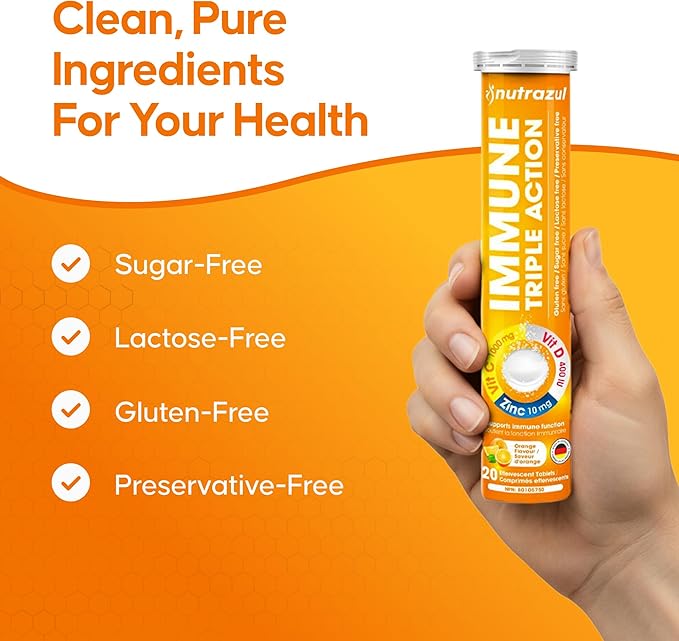 nutrazul Immune Triple Action Effervescent Tablets with Vitamin C 1000mg, Vitamin D, Zinc, Support Daily Routine, Gluten-Free, Sugar-Free, Lactose-Free, Orange Flavor, 20 Tablets (Pack of 5x20)