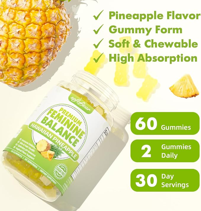 softbear Premium Feminine Balance Gummies for Women, Pineapple PH Balance Gummies for Women's Healthy Odor, Flora, Vaginal, Immune Support, Vegan, Gluten-Free, 60 Gummies