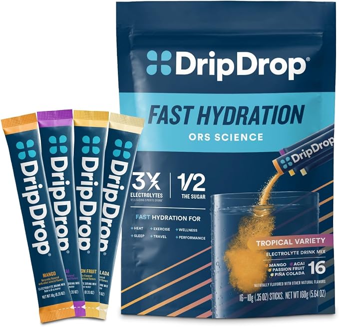 DripDrop Hydration Packets - Tropical Variety Pack - Single Serve Electrolytes Powder Drink Mix - Mango, Açaí, Passion Fruit, Piña Colada - Non-GMO, Gluten Free, Vegan - 16 Sticks