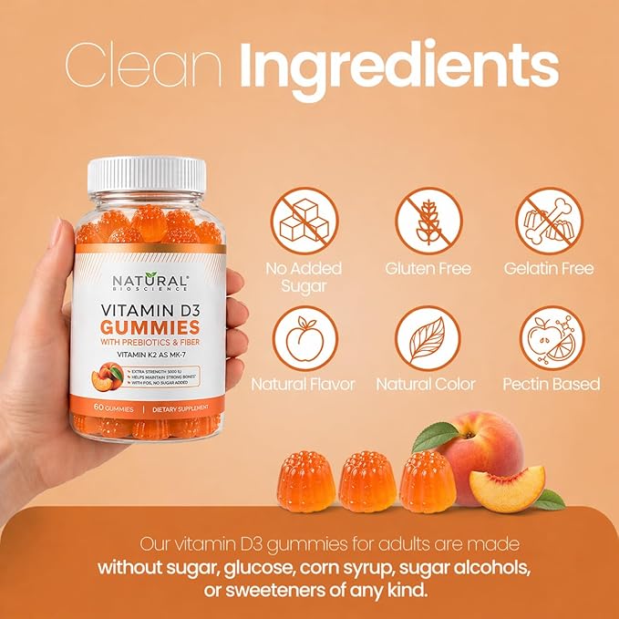 Sugar Free Vitamin D3 K2 Gummies 5000 IU + K2 MK7 80 mcg – Vitamin D Gummies for Adults with Prebiotics & Fiber – Supports Bones, Immune Health, Heart Health & Mood – Gluten Free, Natural Peach Flavor