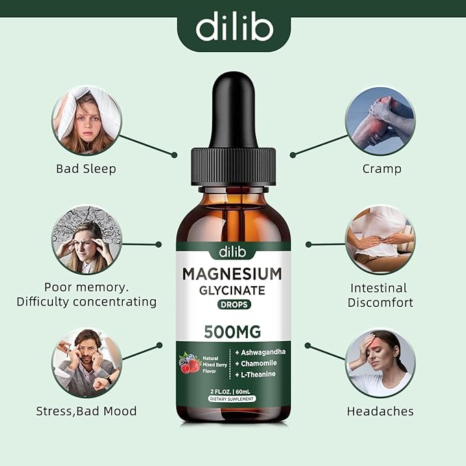 Magnesium Glycinate Liquid Drops Supplement, with Magnesium Glycinate 500mg Ashwagandha, L - Theanine, Chamomile -Support Stress Relief, Bone, Muscle, Mood Mixed Berry Flavor