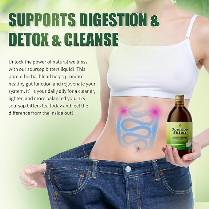 Soursop Bitters Liquid with Black Seed, Turmeric & Moringa-Pure 15 in 1 Herb Soursop Tea for Immune System, Digestive & Gut Health, Antioxidant,Skin Health Support 8 fl oz