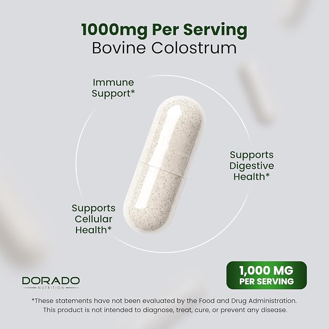 Colostrum Supplement (120 Count) 1000mg Per Serving (Bovine Colostrum Capsules from First Milking Only, Std. to Contain 20% IgG Immunoglobulins) - Grass Fed, No Fillers, Third Party Tested - USA Made