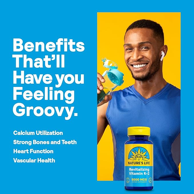 Nature's Life Revitalizing Vitamin K2 - Bone Health, Artery and Heart Health Support - High Potency Vitamin K Supplement as Vitamin K2 MK4-60 Day Guarantee, Lab Verified - 60 Servings, 60 Tablets