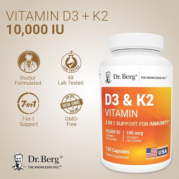 Dr. Berg Maximum Strength 2-in-1 Vitamin D3 K2 10,000 IU | Naturally Derived D3 | 4X Lab-Tested & Verified | High Absorption Formula | K2 D3 Vitamin Supplement - 120 Capsules