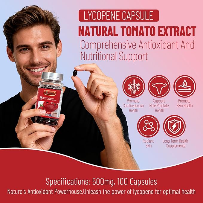Lycopene Softgel Capsule, 500mg Super Vegetable Tomato Supplement Extract, Supports Heart, Prostate & Skin Health, 100 Count