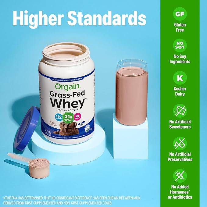 Orgain Whey Protein Powder, Creamy Chocolate Fudge - 21g Grass Fed Dairy Protein, 5g BCAAs, 4g Prebiotic Fiber, 2g Sugar, No Added Hormones, Gluten Free, Kosher, For Shakes & Smoothies - 1.82lb