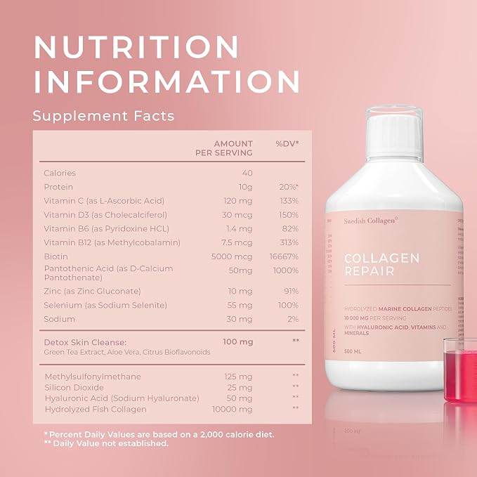 Swedish Collagen Repair | 10,000 mg Hydrolyzed Marine Collagen Liquid Supplement - 500 ml, 20 Day Supply I Hyaluronic Acid, Biotin & Vitamin C for Healthy Hair, Skin, Nails & Joints | Sugar-Free
