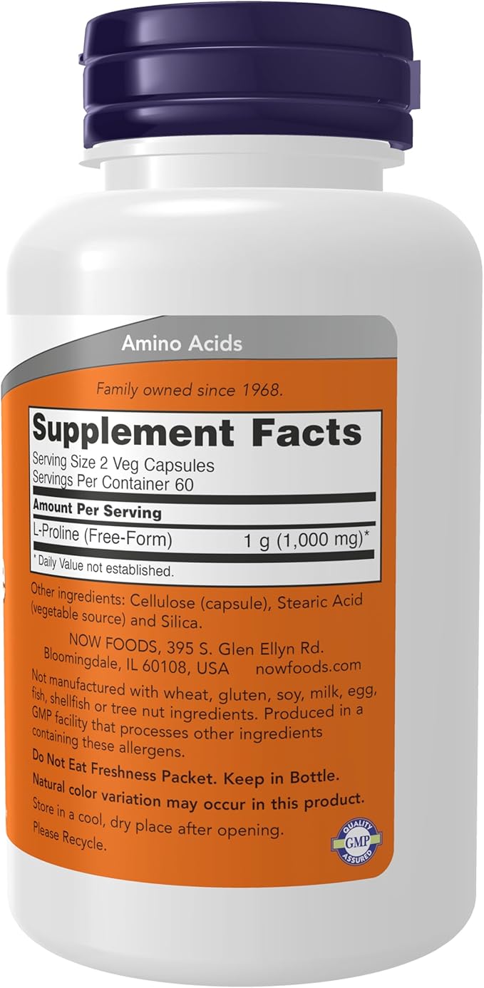 Now Supplements, L-Proline 500 mg, Collagen Production*, Structural Support*, 120 Veg Capsules,(Pack of 2)