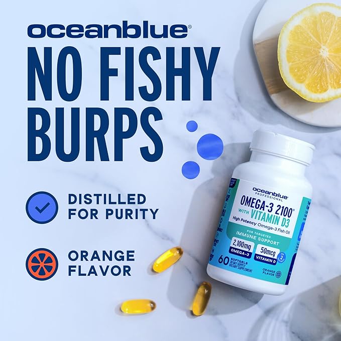Oceanblue Professional Omega-3 2100 with Vitamin D3 – 60 ct – Triple Strength Burpless Fish Oil Supplement with High-Potency EPA, DHA, DPA and Vitamin D3 – Wild-Caught – Orange Flavor (30 Servings)