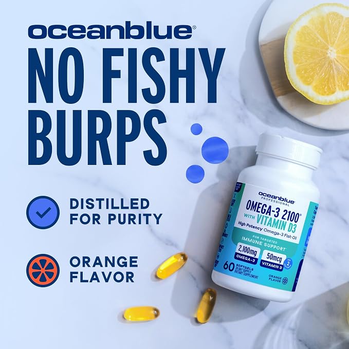 Oceanblue Professional Omega-3 2100 with Vitamin D3 – 120 ct – Triple Strength Burpless Fish Oil Supplement with High-Potency EPA, DHA, DPA and Vitamin D3 – Wild-Caught – Orange Flavor (60 Servings)
