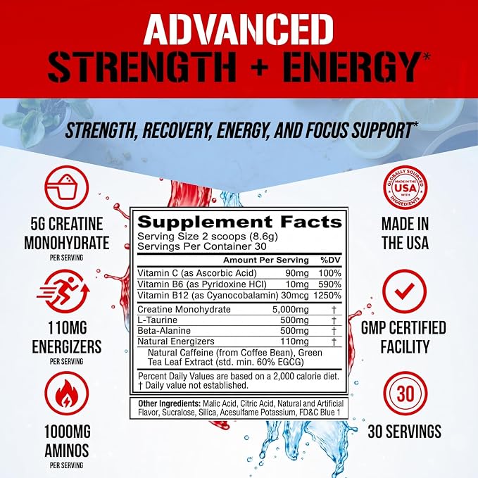 Evlution Nutrition Creatine Energy - Supports Muscle Growth, Boosts Energy, Endurance & Cognition - 5g Pure Creatine Monohydrate Per Serving - B + C Vitamin Complex - 30 Servings - Rocket Pop