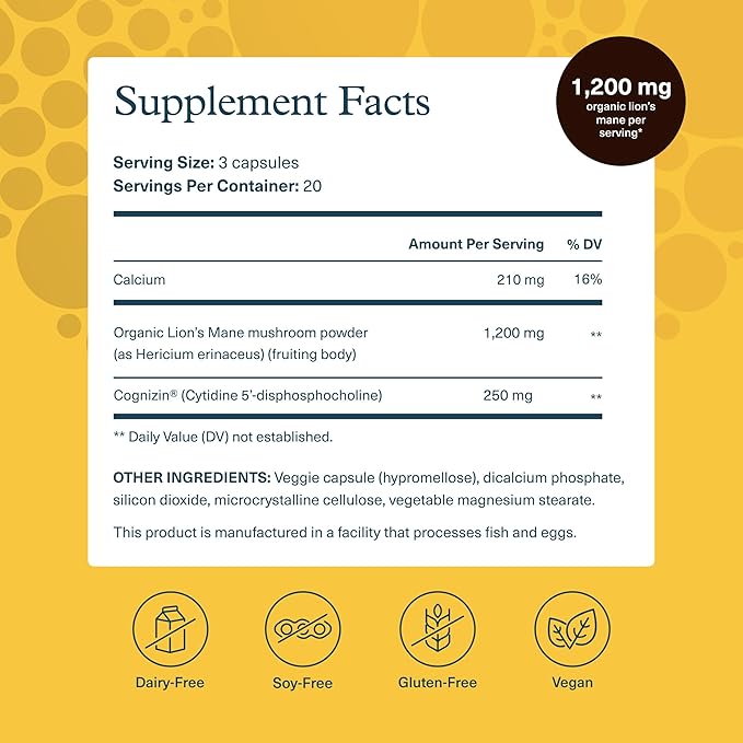Youtheory Lion's Mane Plus - Mushroom Supplement with Cognizin - Offers Focus & Brain Support* - 60 Vegetarian Capsules